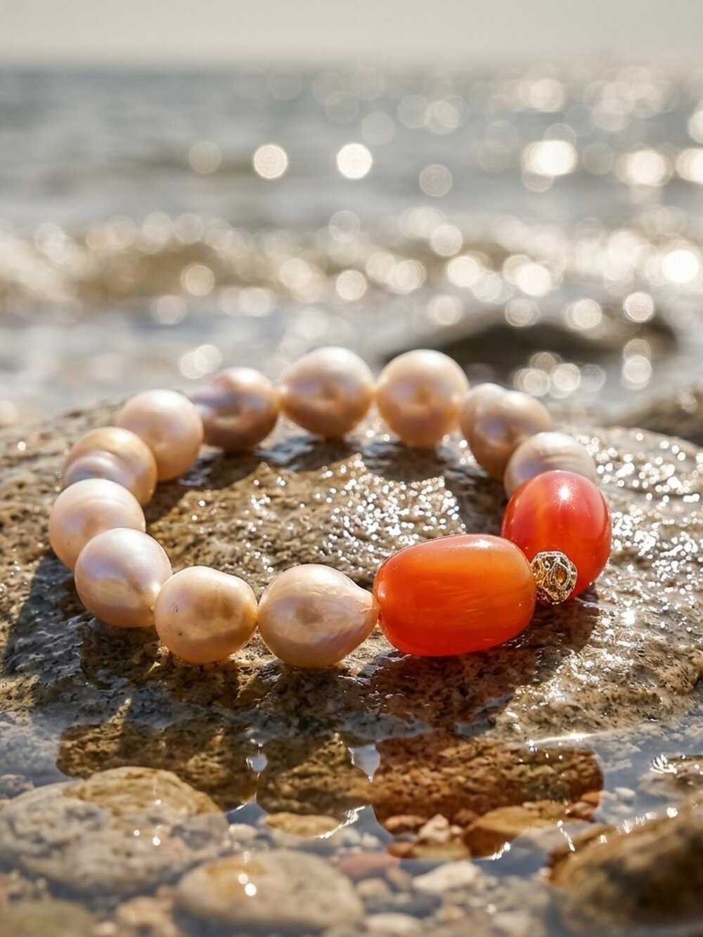 Baroque Pearl Stretch Bracelet with Red Agate, Genuine Pearls, One-of-a-Kind